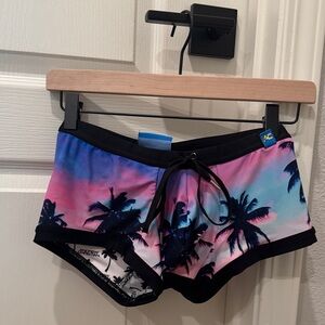 Andrew Christian Pink and Blue Palm Swim Trunks